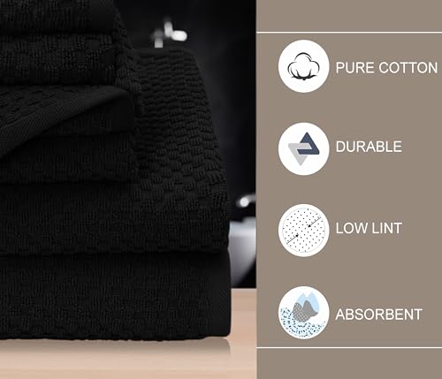 COTTON CRAFT Euro Spa Waffle Weave 6 Piece Towel Set - 100% Cotton - Black | 2 Oversized Luxurious Large Bath Towels, 2 Hand Towels, 2 Washcloths - Soft Plush Super Absorbent Low Lint Quick Dry - color: Black, size: 6 Piece Towel Set