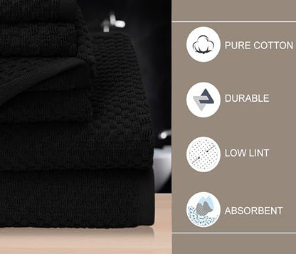 COTTON CRAFT Euro Spa Waffle Weave 6 Piece Towel Set - 100% Cotton - Black | 2 Oversized Luxurious Large Bath Towels, 2 Hand Towels, 2 Washcloths - Soft Plush Super Absorbent Low Lint Quick Dry - color: Black, size: 6 Piece Towel Set