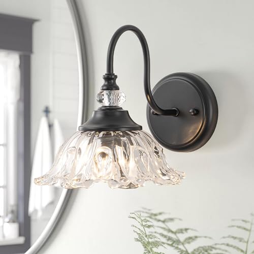 1-Light Black Vintage Wall Sconce, Flower Glass Shade Wall Mounted Light Fixture, E26 Base Farmhouse Vanity Lighting for Bathroom Bedroom Hallway Entryway