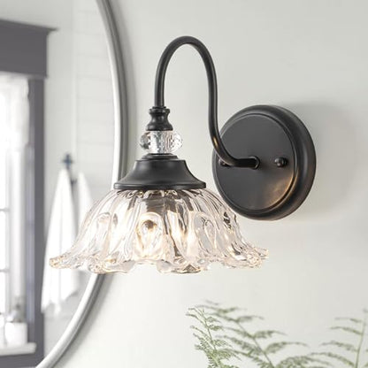 1-Light Black Vintage Wall Sconce, Flower Glass Shade Wall Mounted Light Fixture, E26 Base Farmhouse Vanity Lighting for Bathroom Bedroom Hallway Entryway