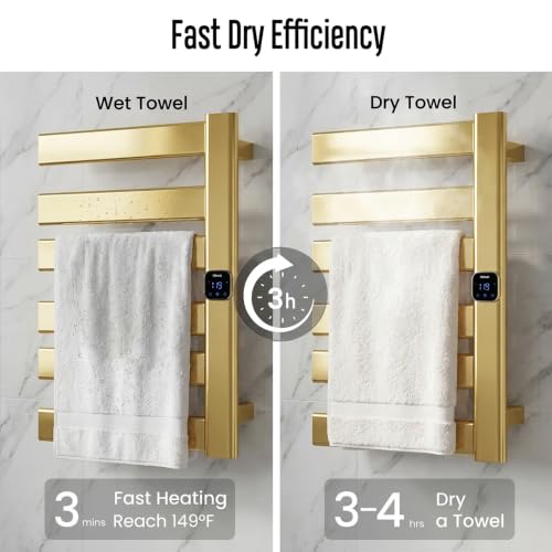 Towel Warmer, Heated Towel Rack with Built-in Timer and Temperature Control,Hard-Wired(Right-Wiring)/Plug-in Wall-Mounted Towel Rail, Aluminum, 18.8" W X 25.6" H, Gold - color: Gold, size: 18.8"L x 25.6"H