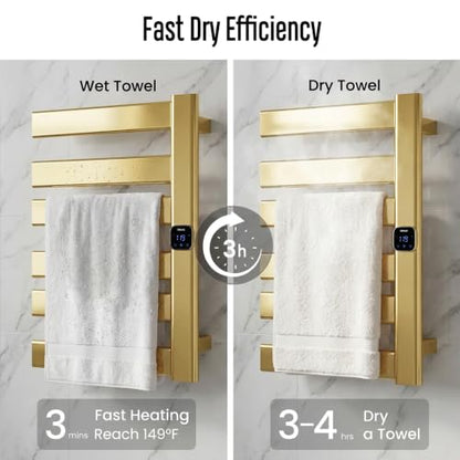 Towel Warmer, Heated Towel Rack with Built-in Timer and Temperature Control,Hard-Wired(Right-Wiring)/Plug-in Wall-Mounted Towel Rail, Aluminum, 18.8" W X 25.6" H, Gold - color: Gold, size: 18.8"L x 25.6"H
