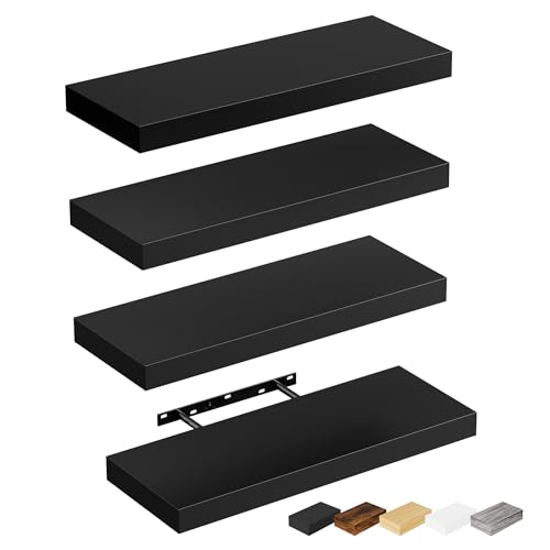 Bellsal Floating Shelves for Wall, Black Engineered Wood Wall Shelf Set of 4, 16" Walls Mounted Floating Shelf for Kitchen, Living Room, Bedroom, Bathroom Storage, Book Shelf for Home Decor - color: Black, size: 4 pcs: 15.7*5.7