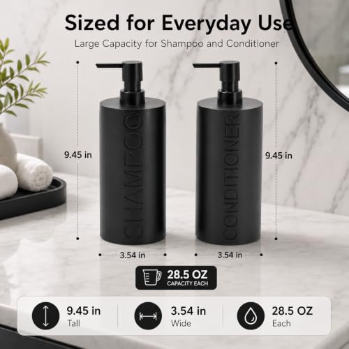 2-Pack Matte Black Resin Refillable Shampoo & Conditioner Bottles – Modern Bathroom Pump Dispenser Set, Durable Resin Shower Containers with Embossed Labels, Reusable Pump Bottle - color: 2pack Black Shampoo and Conditioner Set