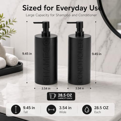 2-Pack Matte Black Resin Refillable Shampoo & Conditioner Bottles – Modern Bathroom Pump Dispenser Set, Durable Resin Shower Containers with Embossed Labels, Reusable Pump Bottle - color: 2pack Black Shampoo and Conditioner Set