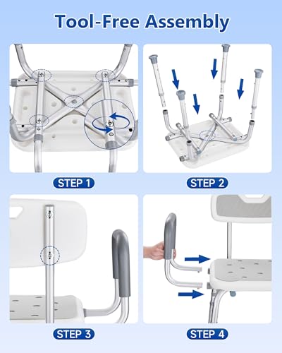 Shower Chair with Back and Arms, 330 lb Capacity | Height Adjustable, Padded Armrests, Non-Slip Seat, For Seniors, Elderly and Disabled Users