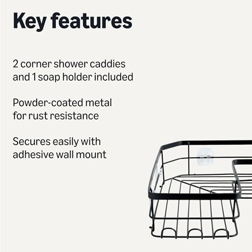 Amazon Basics Corner Shower Caddy Organizer with Soap Holder, Adhesive Wall Mount, Rust Resistant Powder-Coated Stainless Steel, Black, Set of 3 - size: Set of 3