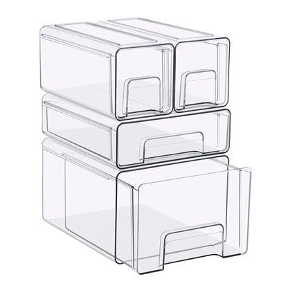 Sorbus Clear Stackable Storage Drawers, 4-Piece Set 1 Large, 1 Medium & 2 Small Pull-Out Plastic Organizer Bins with Handles for Bathroom, Closet, Pantry, Cabinet & Medicine Storage - size: Complete Set