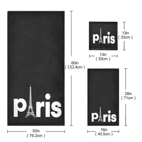 Naanle Stylish Romantic France Paris with Eiffel Tower Soft Luxury Set of 3 Towels, 1 Bath Towel+1 Hand Towel+1 Washcloth, Multipurpose for Bathroom, Hotel, Gym, Spa and Beach(Black White) - color: Eiffel Tower