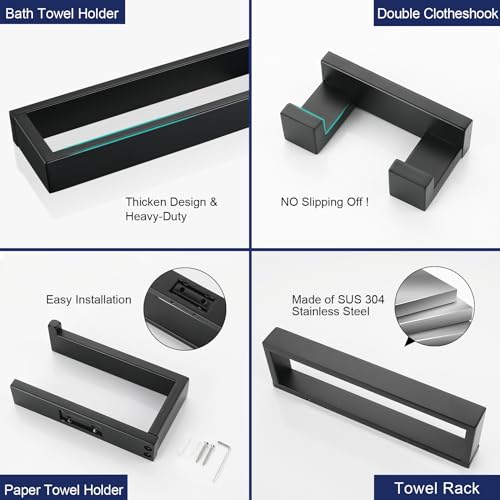 Lairuier Matte Black Bathroom Hardware Accessories, 4PCS Towel Bar Set | Including Towel Bar, Towel Holder, Toilet Paper Holder, Towel Hook, SUS304 Stainless Steel Bathroom Towel Holder Hardware Set - color: Matte Black, size: Set B