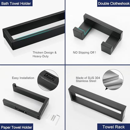 Lairuier Matte Black Bathroom Hardware Accessories, 4PCS Towel Bar Set | Including Towel Bar, Towel Holder, Toilet Paper Holder, Towel Hook, SUS304 Stainless Steel Bathroom Towel Holder Hardware Set - color: Matte Black, size: Set B