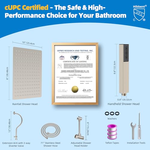 Hibbent All Metal cUPC Certified Shower Head, 12'' High Pressure Rainfall Showerhead Combo, Handheld Shower Wand, 12'' Adjustable Extension Arm, 4-Spray, 71'' Hose, Shower Holder, Brushed Nickel - color: Brushed Nickel, style: Square 12''