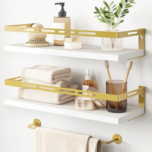 YGEOMER Floating Shelves for Bathroom Organizer Over Toilet, Wall Mounted Bathroom Shelves with Towel Bar, Wall Shelf for Bedroom Kitchen Living Room Storage (White-Gold) - color: White-gold