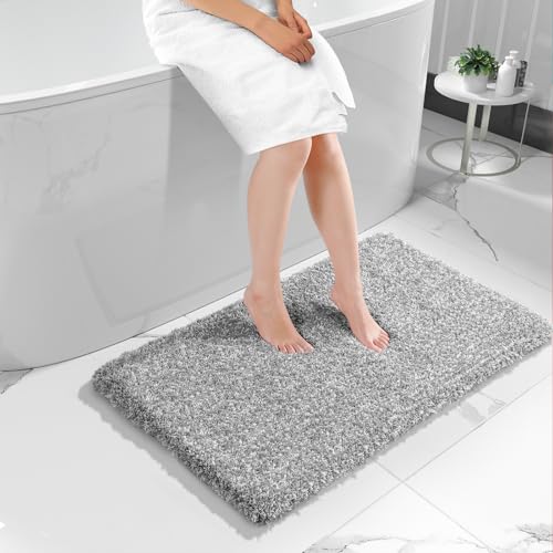 Yimobra Luxury Bathroom Rugs, Fluffy Bath Mats, Non Slip, Water Absorbent Microfiber, Machine Washable, Plush Carpet Shower Rugs, Thick Matts for Bathroom Floor&Tub, 44" X 24", Light Gray and White - color: Light Gray and White, size: 44" X 24"