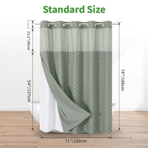 eachope No Hook Tufted Chevron Striped Shower Curtain with Snap-in Fabric Liner set-71Wx74H(72H),Sage Green Hotel Grade Boho Style Shower Curtain with See Through Top Window,Water Repellent - color: Sage Green, size: 71"W x 74"L (Pack of 1)