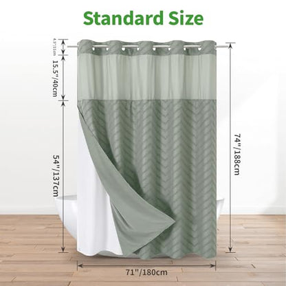 eachope No Hook Tufted Chevron Striped Shower Curtain with Snap-in Fabric Liner set-71Wx74H(72H),Sage Green Hotel Grade Boho Style Shower Curtain with See Through Top Window,Water Repellent - color: Sage Green, size: 71"W x 74"L (Pack of 1)