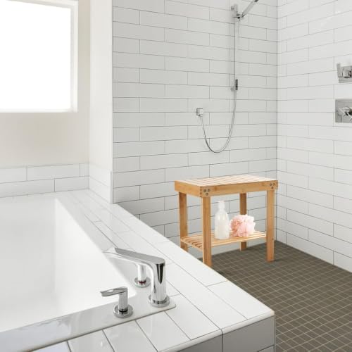 VaeFae Bamboo Shower Bench, Spa Bench Seat Stool, Foot Rest Shaving Stool with Non-Slip Feets and Storage Shelf, Works in Bathroom/Living Room/Bedroom/Garden Leisure - size: Yellow 17.3" x 11" x 16.1"