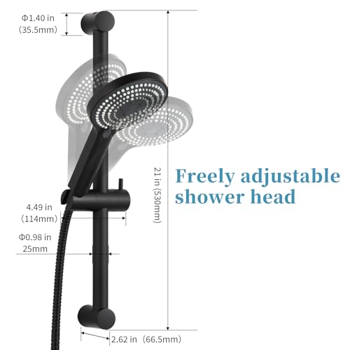 OFFO Shower Slide Bar Combo, Adjustable 21 in Slide Bar with 6-Mode High Pressure Handheld Shower Head and 60 in Stainless Steel Hose, Screw Wall Mounted, Matte Black - color: Matte Black, style: 21" Slide Bar & 60" Hose