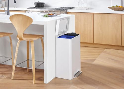 Kohler 20956-STW 11 Gallon Dual Compartment Trash Can, Quiet-Close Lid, Trash Can with Soft-Close and Foot Pedal, Stainless and White - color: White Stainless Steel, size: 11 Gallon - Dual Compartment
