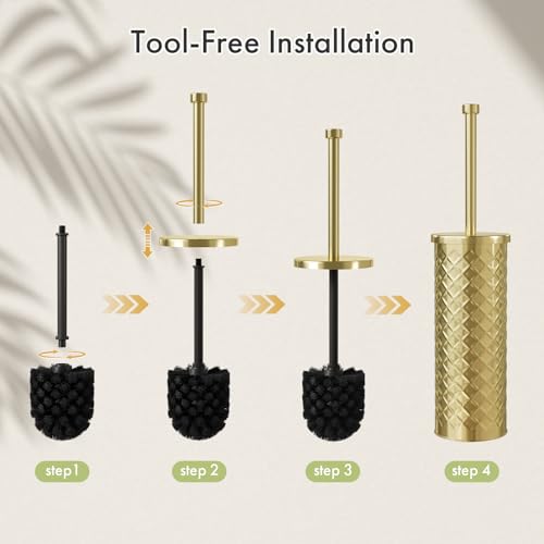 Toilet Bowl Brush and Holder Set 3 Pack with 6 Extra Brush Heads (Gold) | Extra Long Handle with Splash Guard Cover, Tool-Free Installation, Bathroom Space-Saving, Cleaner Sets for Apartments, RV - color: Gold