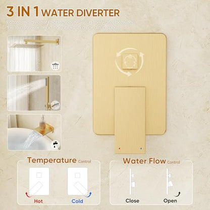 Gold Tub Shower System with 10" Rain Head, Handheld & Valve Kit | All-Metal Tub Shower Faucet Set, Wall Mounted Rain Showerhead, Handheld Spray, Includes Valve and Trim Kit, Brushed Gold - color: Brushed Gold 10