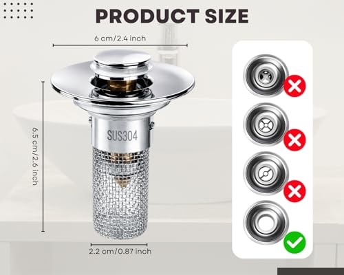 2Pcs Bathroom Sink Drain Strainer, 304 Stainless Steel Drain Filter, Pop Up Bathroom Sink Drain with Hair Catcher Fits 1 1/4" to 1 1/2" US Bathroom Sink Stopper Replacement
