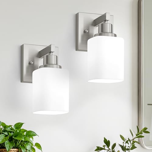 Bathroom Wall Sconces Set of 2,Brushed Nickel Wall Sconce,Vanity Light with Square Frosted Glass Wall Mounted Light Fixture,Farmhouse Wall Lamp for Bedroom Living Room Mirror Hallway - color: Nickel, size: 1-Light(2 Pack)