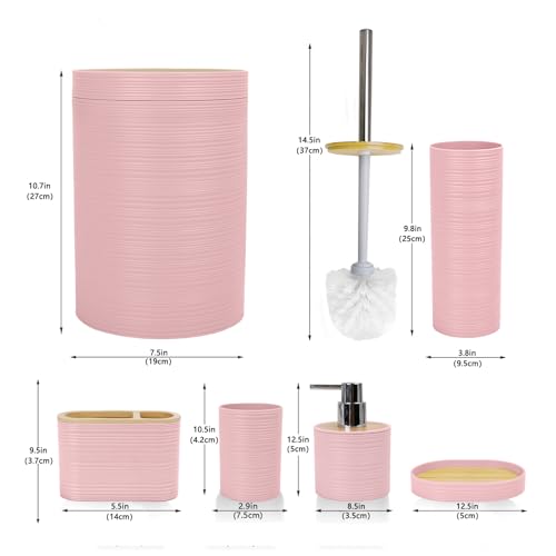 CERBIOR Bamboo Bathroom Accessories Set 6 Piece Spiral Bath Ensemble（Pink） | Includes Soap Dispenser, Toothbrush Holder, Toothbrush Cup, Soap Dish for Decorative Countertop and Housewarming Gift, Pink - style: Pink