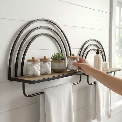 Oakrain Black Wall Shelf with Arched Metal Frame, Set of 2, 13"&16" | Rustic Wood Floating Shelves, Farmhouse Towel Rack for Bathroom, Entryway, Living Room, Bedroom - color: Black