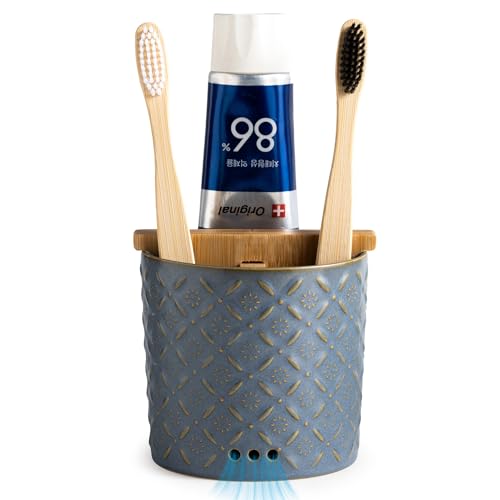 Zoeeker Toothbrush Holders, Detachable 3 Slots Electric Toothpaste Holder | Ceramic Toothbrush & Toothpaste Cup with Drain Holes & Bamboo Divider Brush Holder for Bathroom Countertop, Family, Blue - color: A-blue