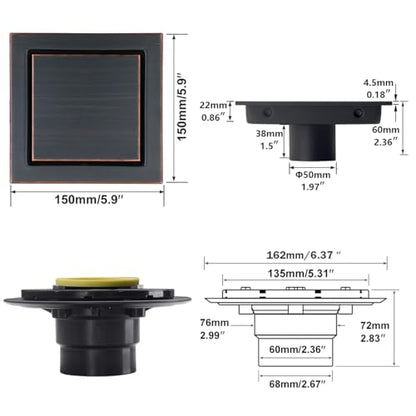 RANDOM Oil Rubbed Bronze Shower Drain Square 6 inch with Adjustable PVC Base Flange,SUS304 Stainless Steel Shower Floor Drain Kit with Tile Insert Shower Drain Cover and Hair Strainer - color: D-oil Rubbed Bronze-6″ Square With Base Flange