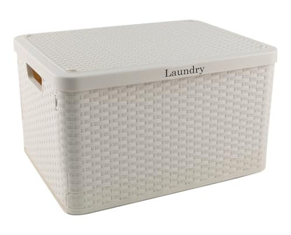 Laundry Hamper with Lid, Plastic Laundry Baskets, Dirty Clothes Hamper, Hampers for Bedroom and Bathroom, Large Capacity Clothing Storage Bin for Closet Organization, Space Saving Design