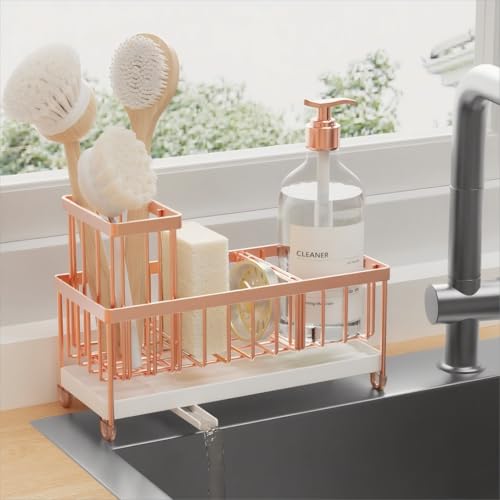 Cisily Sponge Holder for Kitchen Sink, Sink Caddy Organizer with High Brush Holder, Kitchen Countertop Organizers and Storage Essentials, Rustproof 304 Stainless Steel (Rose Gold, 9.25″) - color: Rose Gold - 9.25″