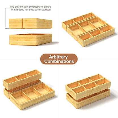 DUJEN Bamboo Drawer Organizer 12.5'' X 12.5'' X 2'', Adjustable 3 Individual Junk Drawer organizer for Bathroom and Kitchen, Wood Drawer Tea Organier Boxes for Silverware, Make up and Tea Bag - size: 1 piece 12.5X6.2 & 2 pieces 12.5X3.1