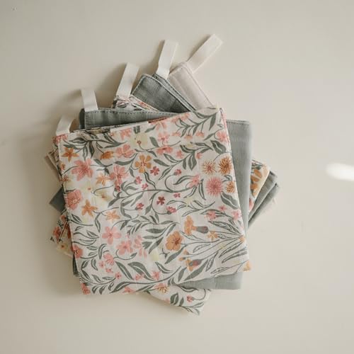 mushie Muslin Organic Cotton Washcloths 5-Pack (Pastel Blooms Combo) | Soft Wipes for Baby Cleanups and Bathing - color: Pastel Blooms Combo