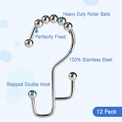 SUTINE Shower Curtain Hooks, 12 Pcs Double Shower Curtain Hooks Rings, Black Shower Curtain Hooks Rust Proof, Stainless Steel Bathroom Shower Hooks for Shower Curtain, Towels, Clothing, Nickel - color: Nickel
