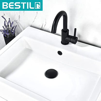 BESTILL Bathroom Sink Drain Stopper, Push Pop Up Drain with Overflow, Matte Black - color: Matte Black, style: with Overflow