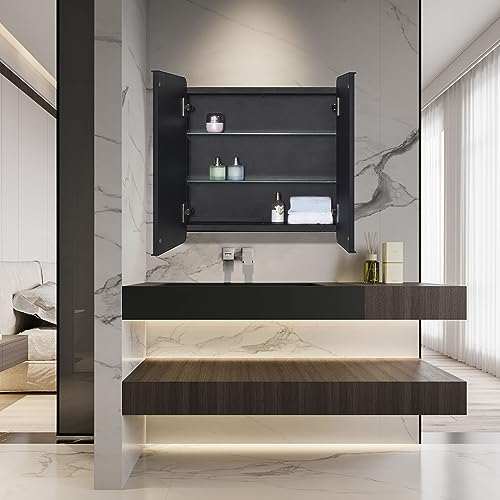 Black Bathroom Medicine Cabinet with Round Corner Framed Door and Beveled Edge Mirror 22 x 20 inch, Recessed or Surface Mount, with Adjustable Glass Shelves - size: 22 x 20 inch