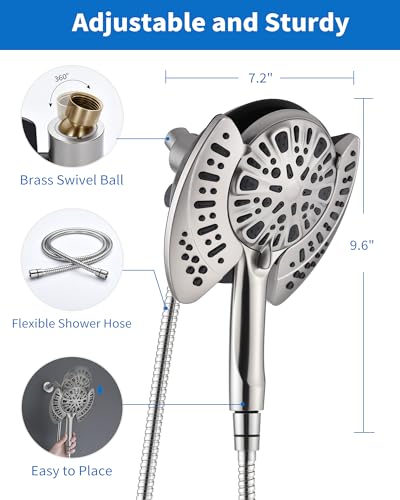 2 in 1 Shower Head with Handheld Combo High Pressure Nickel 2.5 GPM | 7.2" Rain Showerhead and 9 Spray Hand Held Shower, Adjustable Shower Angle, 59-inch Rotatable Stainless Steel Hose - color: Nickel, size: 2.5 GPM