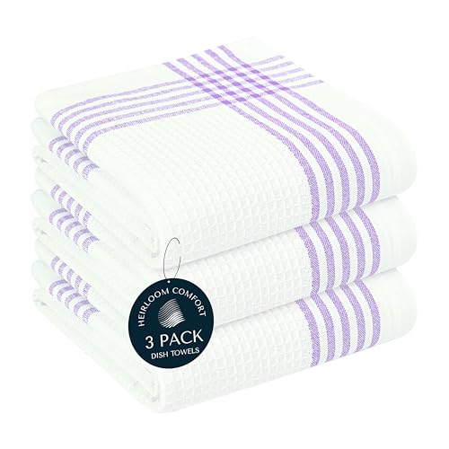 Lavender and White Kitchen Towels 3 Pack, 16x26 Inch, 100% Cotton Waffle Weave, Super Absorbent, Quick Dry, Soft & Durable Dish Towels for Drying, Cooking, Cleaning Tasks - color: Lavender, White, style: 3 Pack