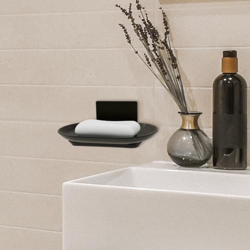 Wall Mounted Soap Dish with Drain, No Drilling Adhesive Aluminum Soap Holder for Shower Bathroom, Rustproof Detachable Tray, Sponge Saver & Organizer Rack (Dark Grey)