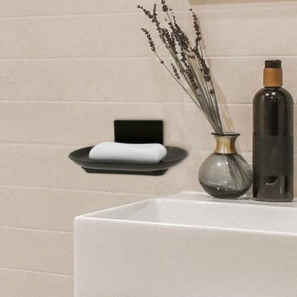 Wall Mounted Soap Dish with Drain, No Drilling Adhesive Aluminum Soap Holder for Shower Bathroom, Rustproof Detachable Tray, Sponge Saver & Organizer Rack (Dark Grey)