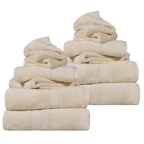 SUPERIOR Egyptian Cotton Ultra Plush & Absorbent, 12 Piece Set, Cream | Heavyweight 12 Pc Egyptian Cotton Towel Set Includes 4 Bath Towels 4 Hand Towels 4 Washcloths Decorative Rope Border - color: Cream, size: 12 Piece Towel Set