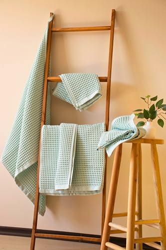 PÜSKÜL - Premium Waffle Towel Set 4 Pieces Ice Green - Organic 100% Turkish Cotton Quick-Dry Towels for Bathroom Made in Turkiye (Ice Green, Towel Set - 2 Hand & 2 Bath Towels) - color: Ice Green, size: Towel Set - 2 Hand & 2 Bath Towels