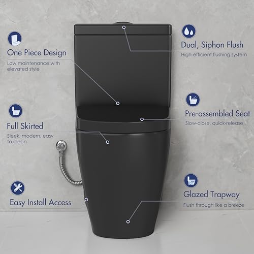 One Piece Toilet Elongated Dual Flush, 17.3" ADA Seat, Matte Black | ADA Compliant 17.3" chair height with soft close seat, Dual flush 1.1/1.6 GPF Elongated toilet bowl 12" rough-in, Matte Black - color: Matte Black 365Model
