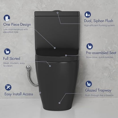 One Piece Toilet Elongated Dual Flush, 17.3" ADA Seat, Matte Black | ADA Compliant 17.3" chair height with soft close seat, Dual flush 1.1/1.6 GPF Elongated toilet bowl 12" rough-in, Matte Black - color: Matte Black 365Model