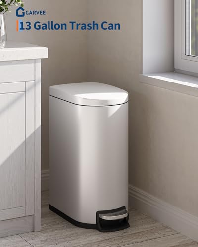 GarveeHome 13 Gal / 50 L Stainless Steel Kitchen Trash Can with Lid, Slim Step-On Garbage Bin, Large Rustproof Metal Trash Can with Soft Close, Inner Bucket & Rear Handle, White - color: White, size: 13 Gallon