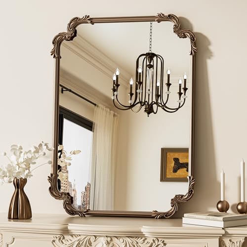 Antique Gold Brass Rectangle Mirror for Mantle Fireplace 24 x 32 Baroque Vintage Ornate Scroll Wall Mirror with Metal Frame for Traditional Victorian French Decor, Horizontal/Vertical - color: Antique Gold, size: 32"L x 24"W