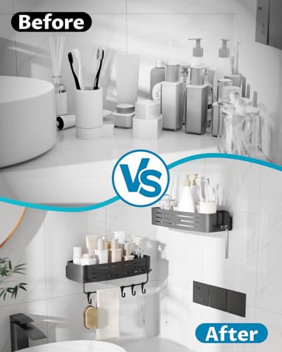 Onemake Suction Cup Shower Caddy, Shower Shelf, Bathroom Organizer, Gray | No-drill Rustproof Aluminum Removable Caddy with Hooks, Wall Mounted Shower Organizer, Corner Shampoo Holder for Bathroom - style: 1 Tier-Gray Square Caddy