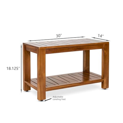 Teak Shower Bench with Shelf, 30” Wide, Shower Stool, Fully Assembled Bathroom Shower Seat, Water-Resistant Spa Bath Bench for Shower, Bathroom & Entryway, The Botein